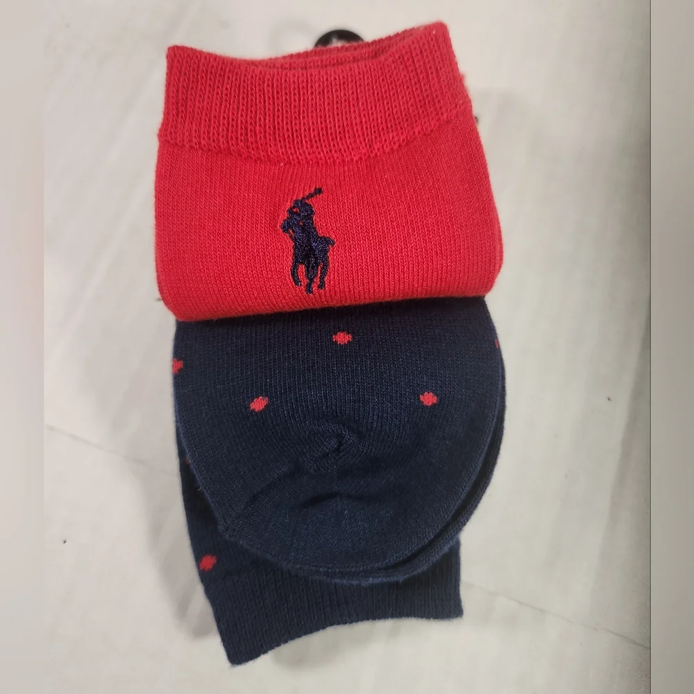 NWT Girl's Ralph Lauren 2 Pairs Dark Blue and Red Polka Dot Casual Socks